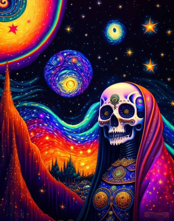 Colorful Cosmic Skull with Galactic Background and Forest Silhouette