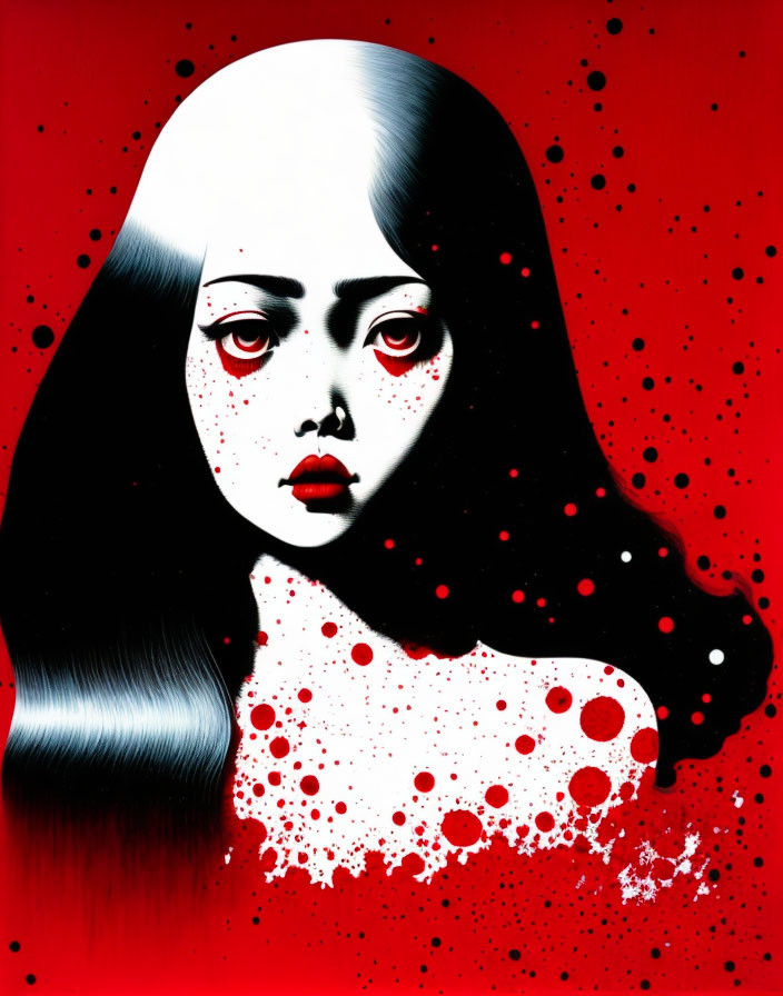 Stylized portrait of pale woman with black hair and red eyes on red background