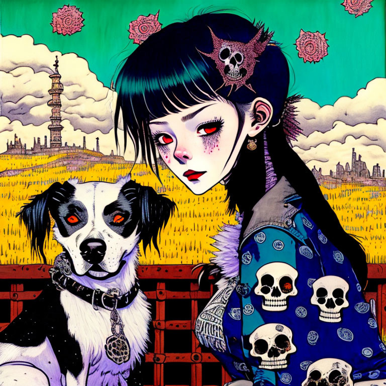 Gothic-style girl with black bob and skull-patterned clothing, standing with dog in whimsical