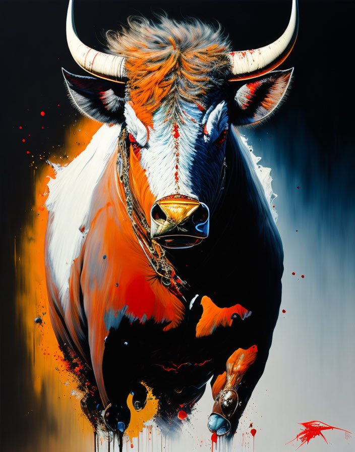 Vibrant bull painting with horns and nose ring on dynamic background