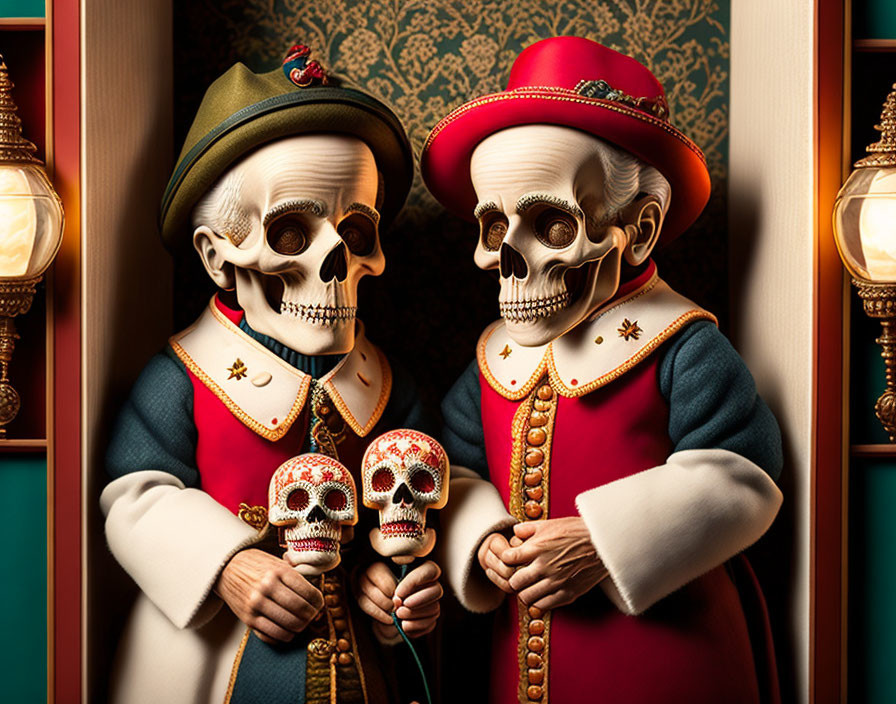 European Traditional Skeletons Holding Skull Masks on Patterned Backdrop