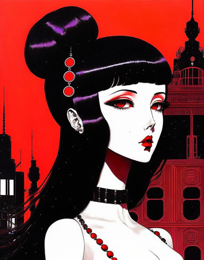 Stylized woman with black hair and red eyes in cityscape illustration