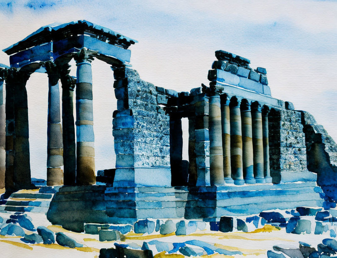 Ancient ruins watercolor painting with columned structures on blue sky