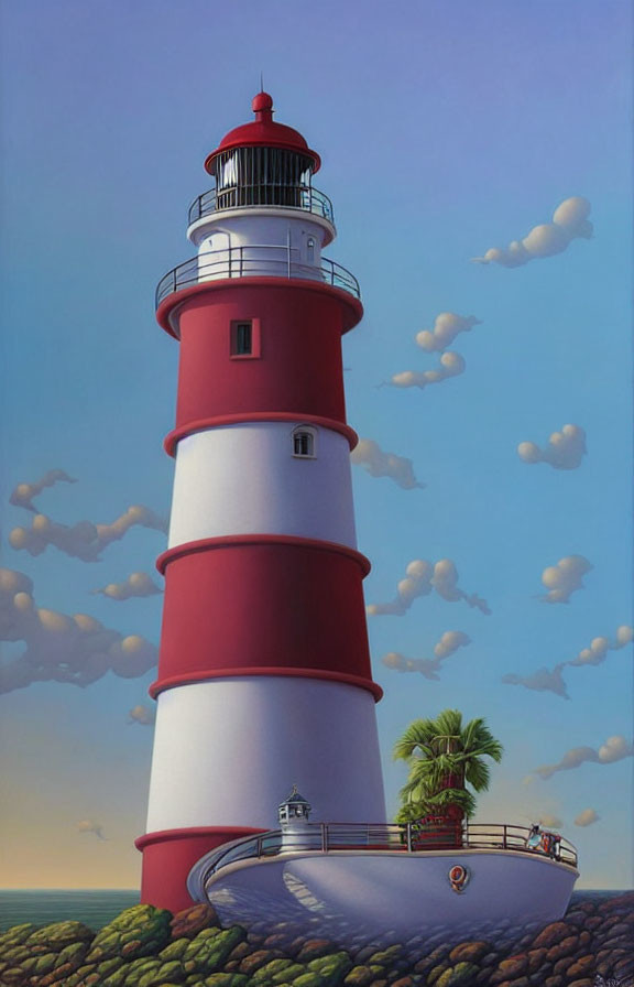 Red and White Striped Lighthouse Painting with Curved Horizon and Serene Sky