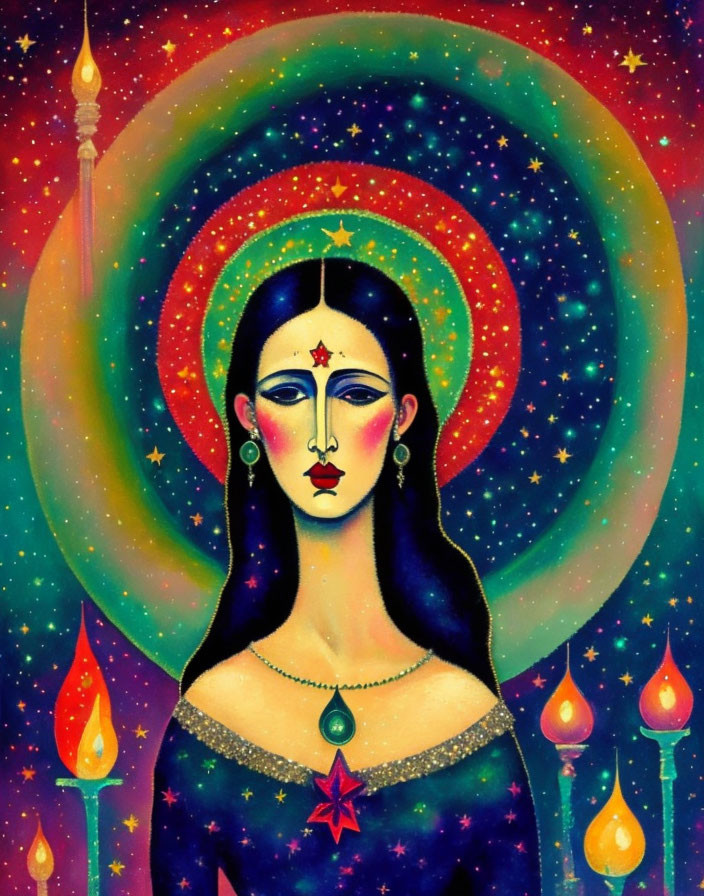 Dark-haired woman in cosmic setting with halo, candles, and star pendant.