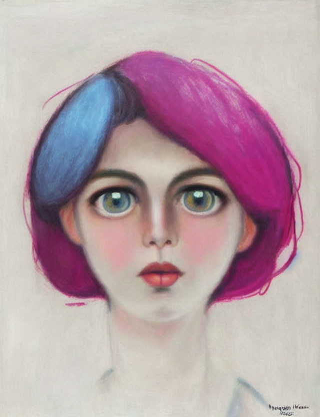 Stylized female portrait with big eyes and colorful hair on pale backdrop