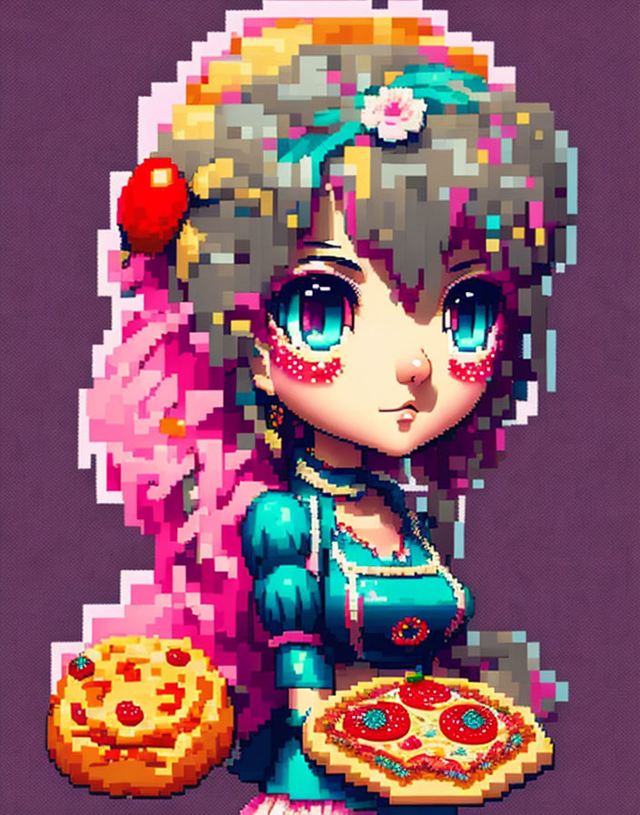 Anime-style character pixel art with large blue eyes, colorful hair, flower, cookies, and pizza.