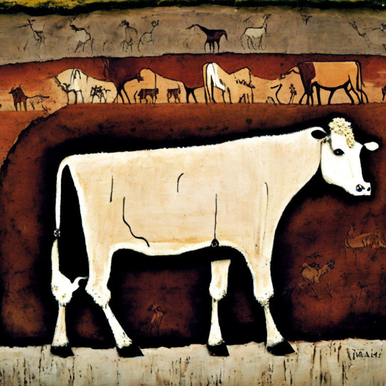 Stylized white cow with brown spots in foreground, earthy tones.