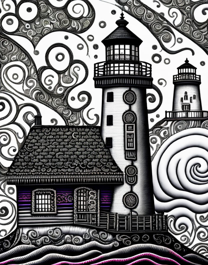 Monochrome illustration of lighthouse and building with intricate swirls and patterns