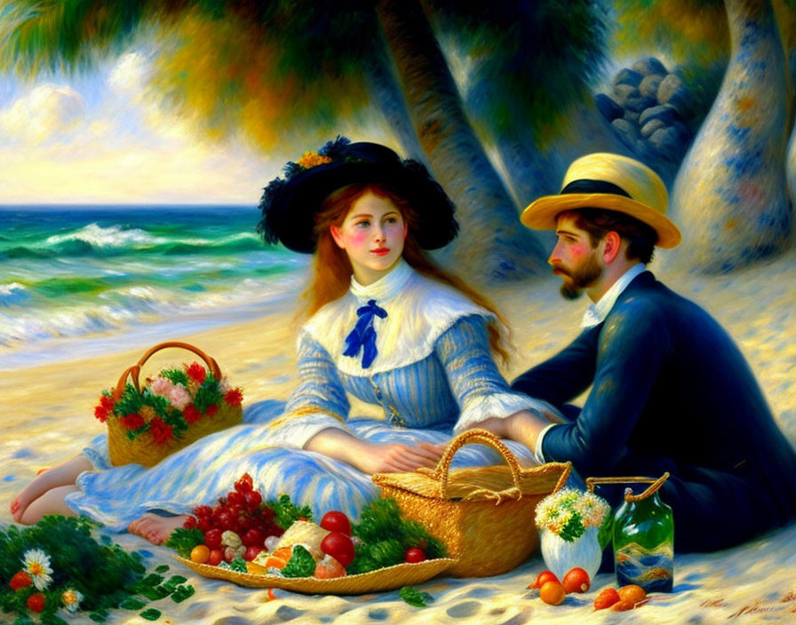 Victorian-era couple picnic on beach with fruits and flowers by palm trees