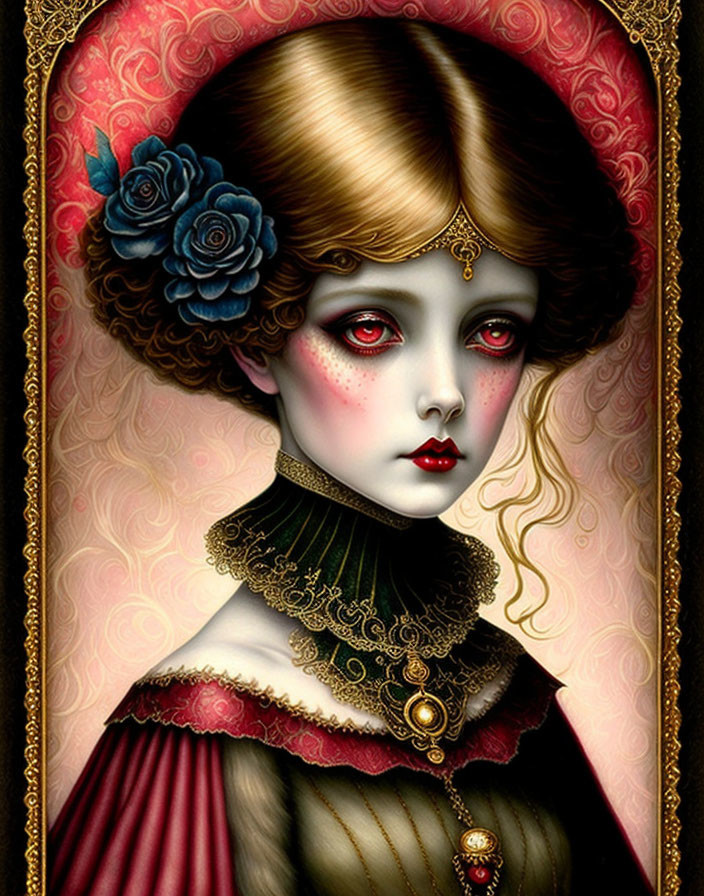 Victorian-styled girl with pale skin, red eyes, golden hair, blue rose, in decorative