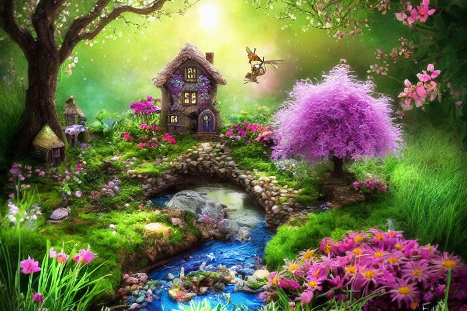 Enchanting fairy tale landscape with stone house, vibrant flowers, small bridge, lush trees, and