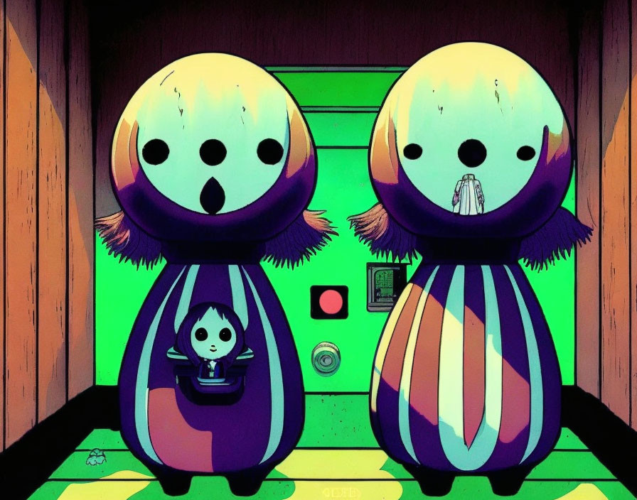 Stylized figures with oversized heads in cartoon elevator scene