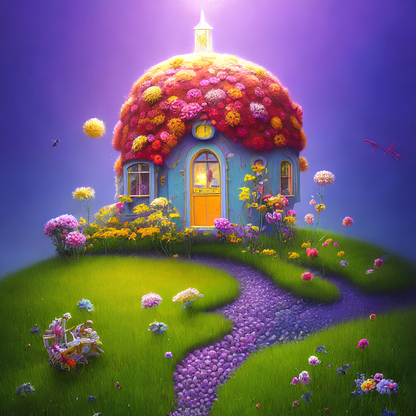 Colorful Flower-Covered Cottage in Twilight Garden