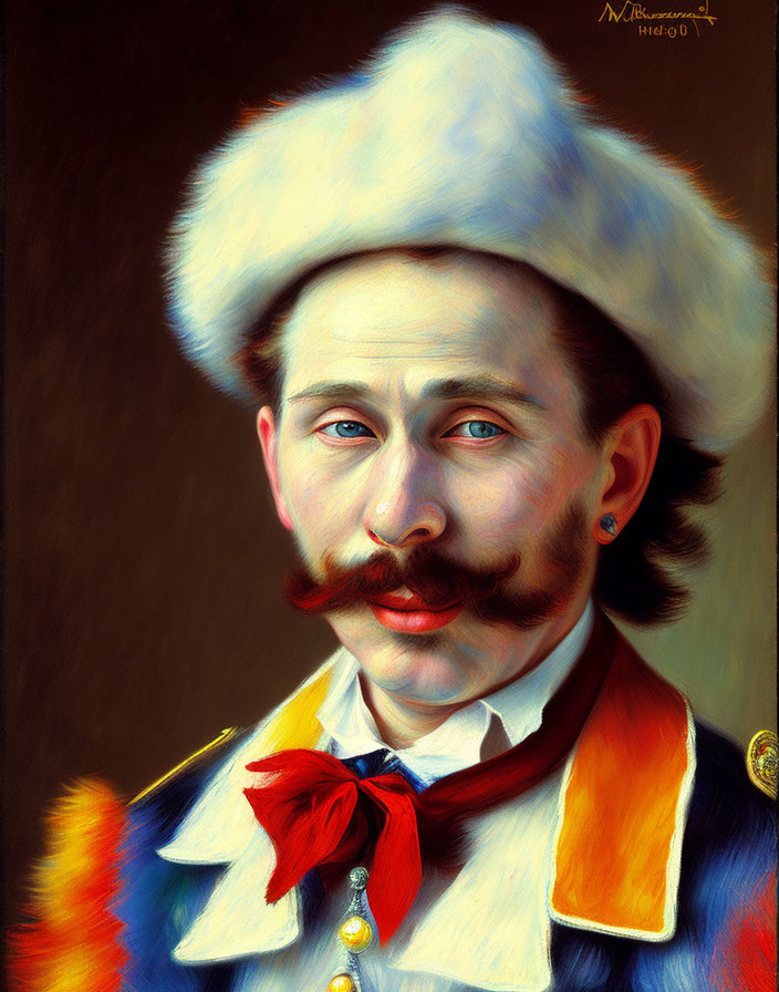 Realistic portrait of man with mustache in fur hat & military uniform