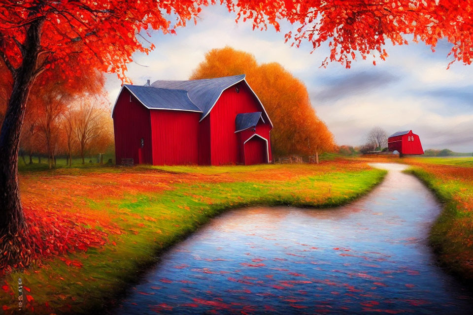 Scenic autumn landscape with river, red barns, and fiery trees