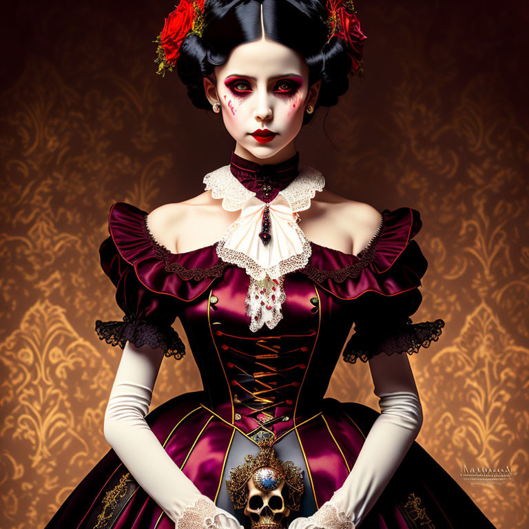 Gothic-style image of woman with pale skin, black hair, red roses, skull, burg