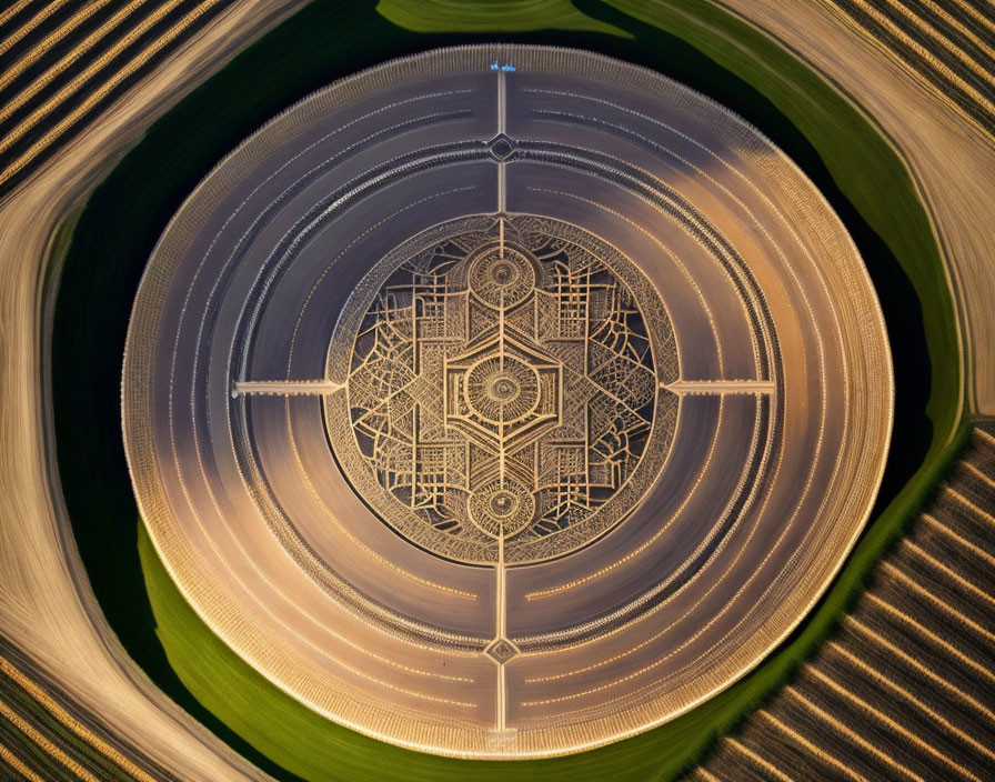 Intricate crop circle with concentric patterns in golden sunlight