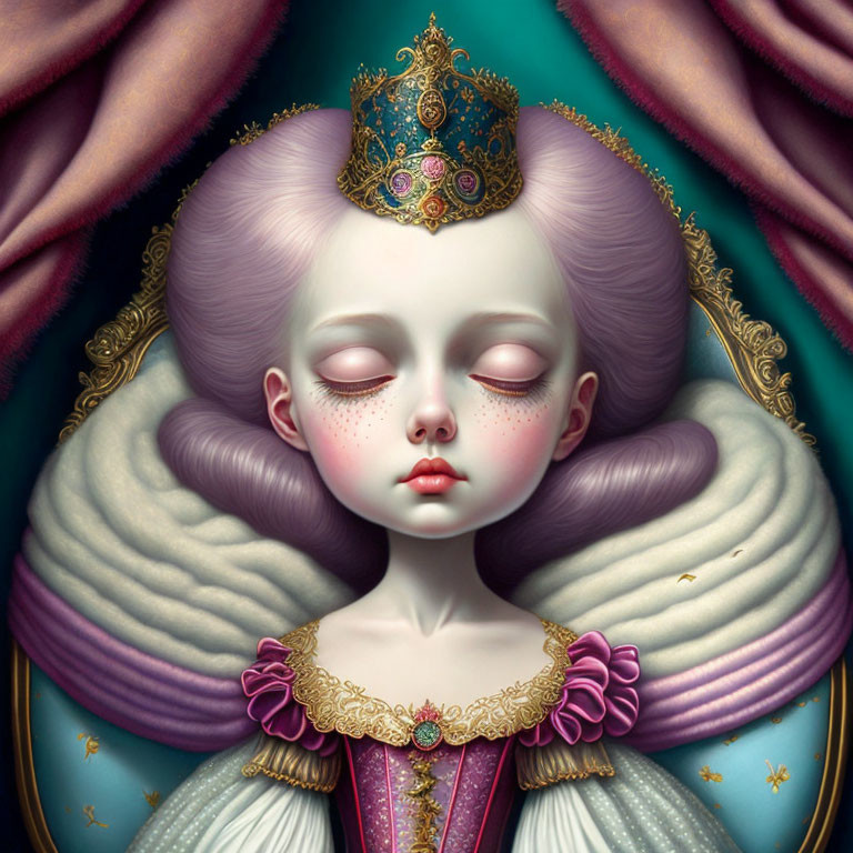 Surreal portrait of female figure with closed eyes, elaborate collar, purple hair, and ornate