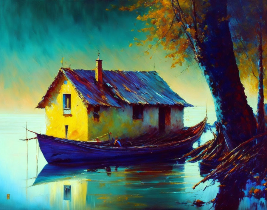 Scenic painting of yellow house by water with blue boat