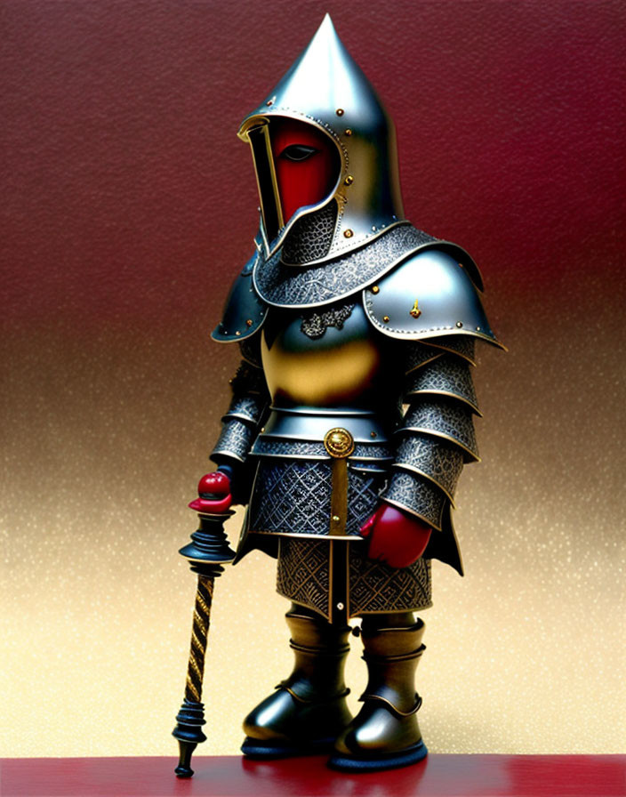 Detailed knight in ornate armor with sword on red background