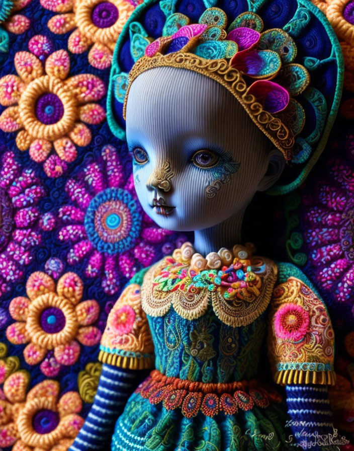 Colorful doll with floral background and intricate patterns, blue face, golden nose ring, embroidered dress.