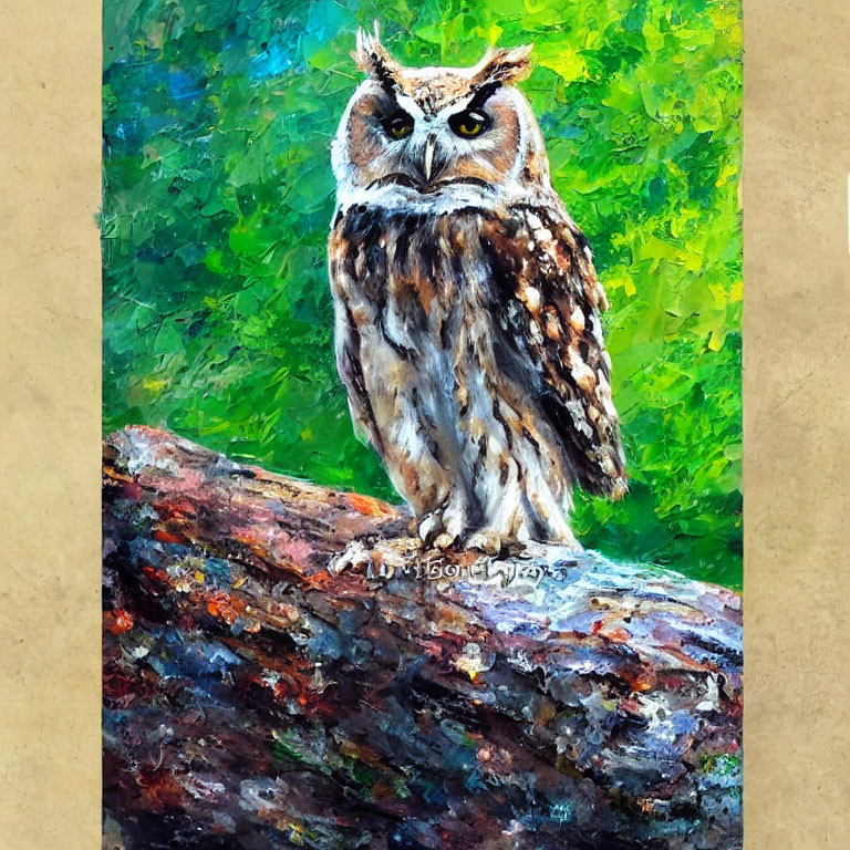 Colorful Owl Painting on Mossy Branch with Green and Yellow Background