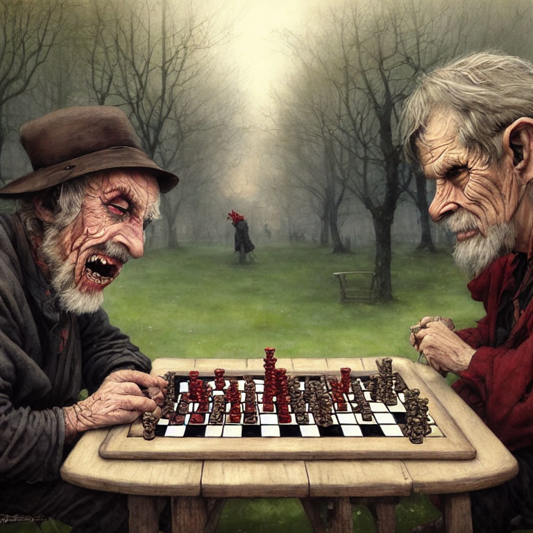 Elderly men playing chess in misty park with person in red.