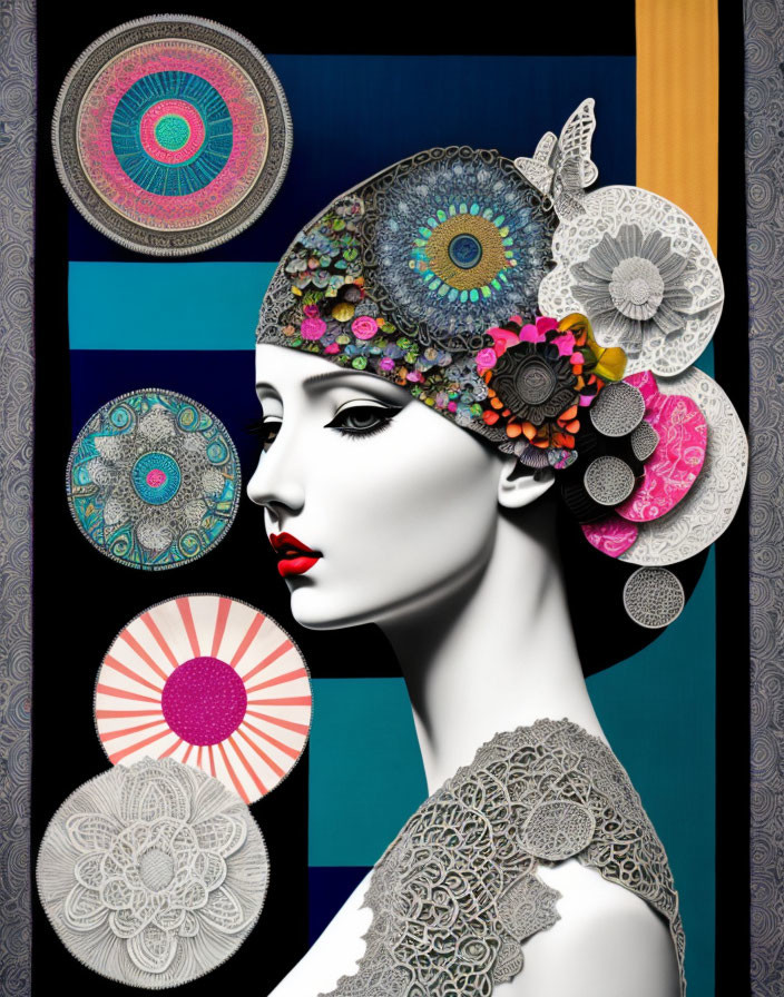 Colorful Floral Circles on Stylized Mannequin Head Art Piece