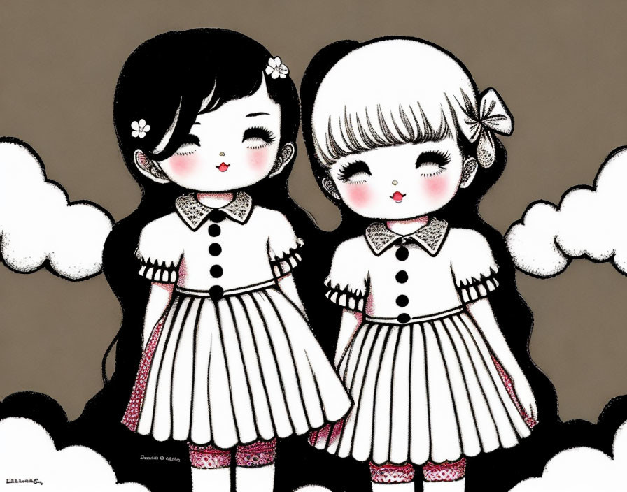 Illustrated characters in white dresses against cloudy background