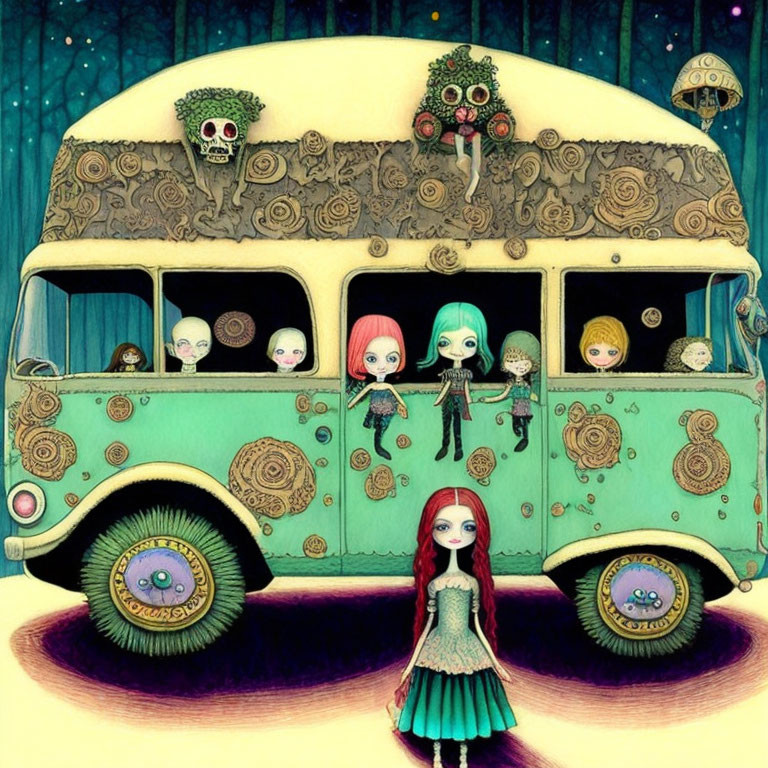 Illustration of vintage bus with eyes and skulls, characters in mystical forest