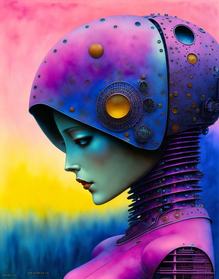 Colorful Female Android Illustration with Mechanical Neck and Futuristic Helmet