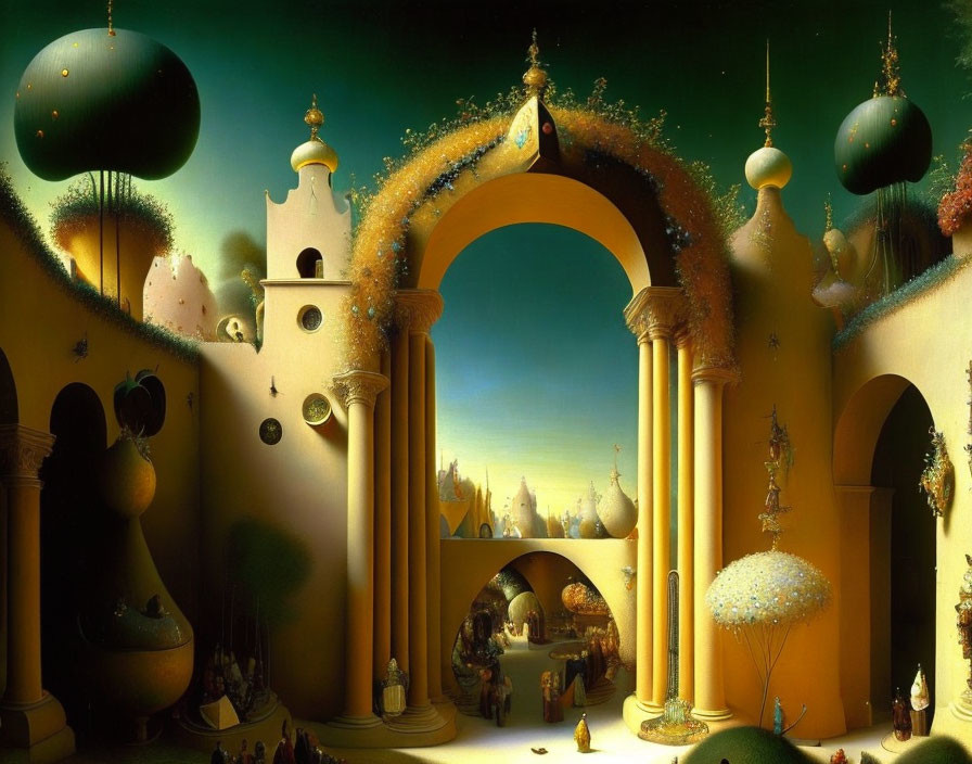 Surreal landscape with golden archways and floating orbs