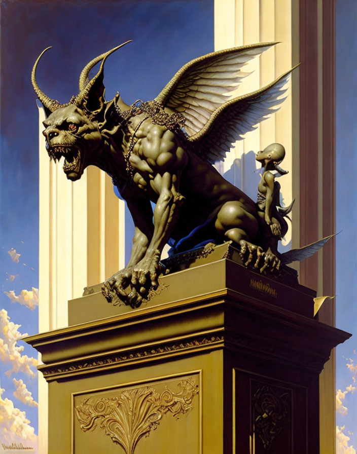 Fantasy painting of winged gargoyle on golden pedestal