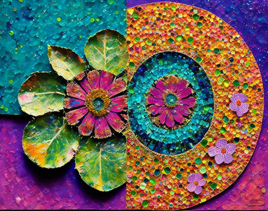 Colorful Abstract Painting with Flower Patterns and Circular Motif