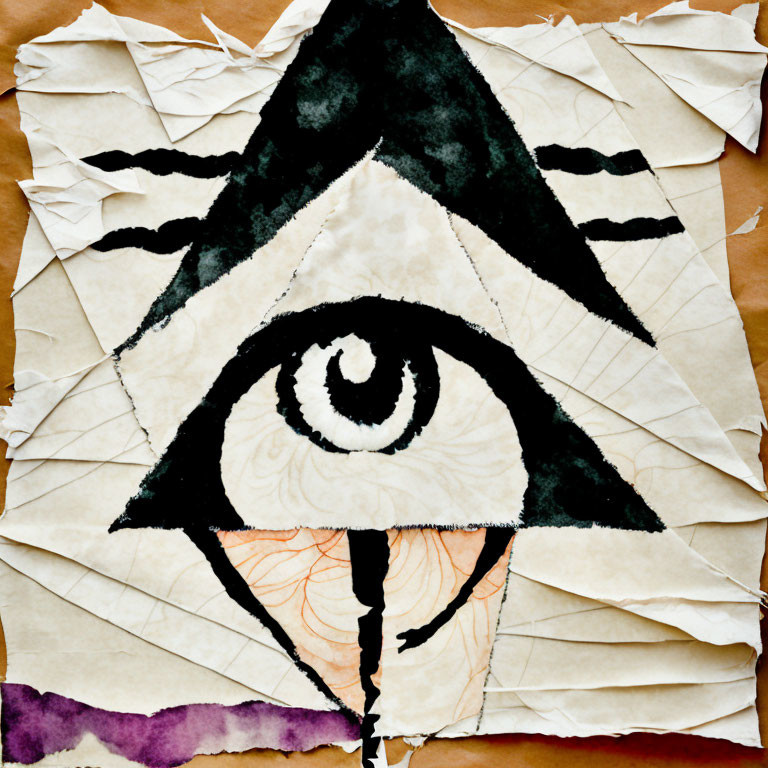 Eye of Providence symbol with black eye in triangle on tattered paper