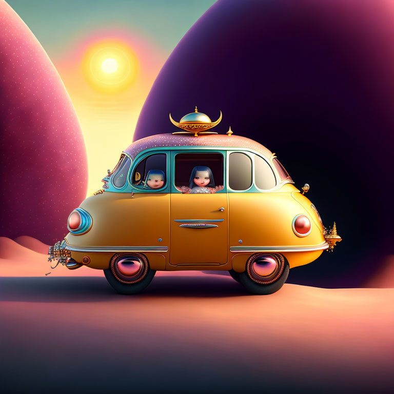 Whimsical illustration of yellow car on alien planet with pink hills