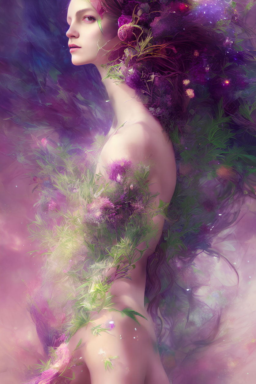 Woman with vibrant flowers and foliage in surreal artwork