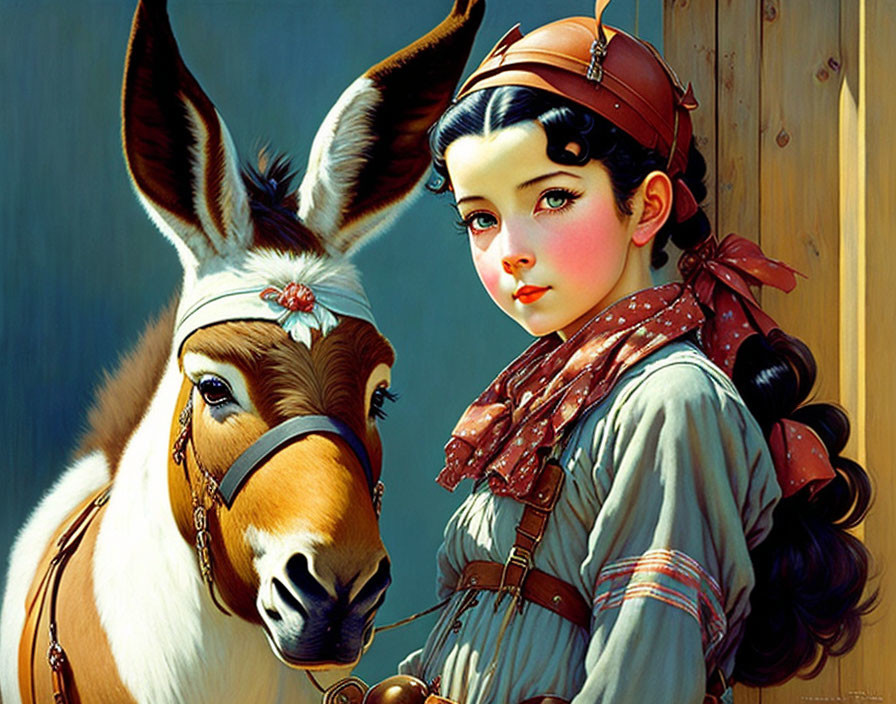 Illustration of girl with expressive eyes in aviator cap holding donkey reins