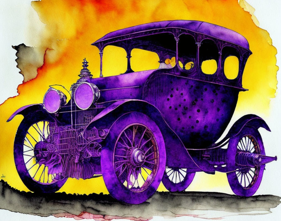 Classic Car Watercolor Painting with Purple Tones and Antique Design