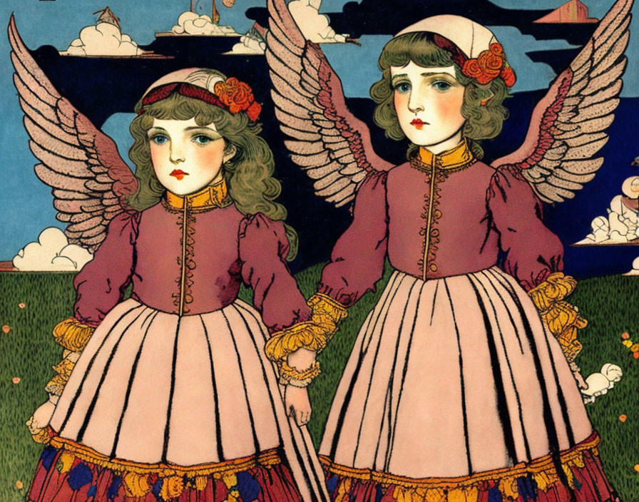 Twin girls with angel wings in red Victorian dresses