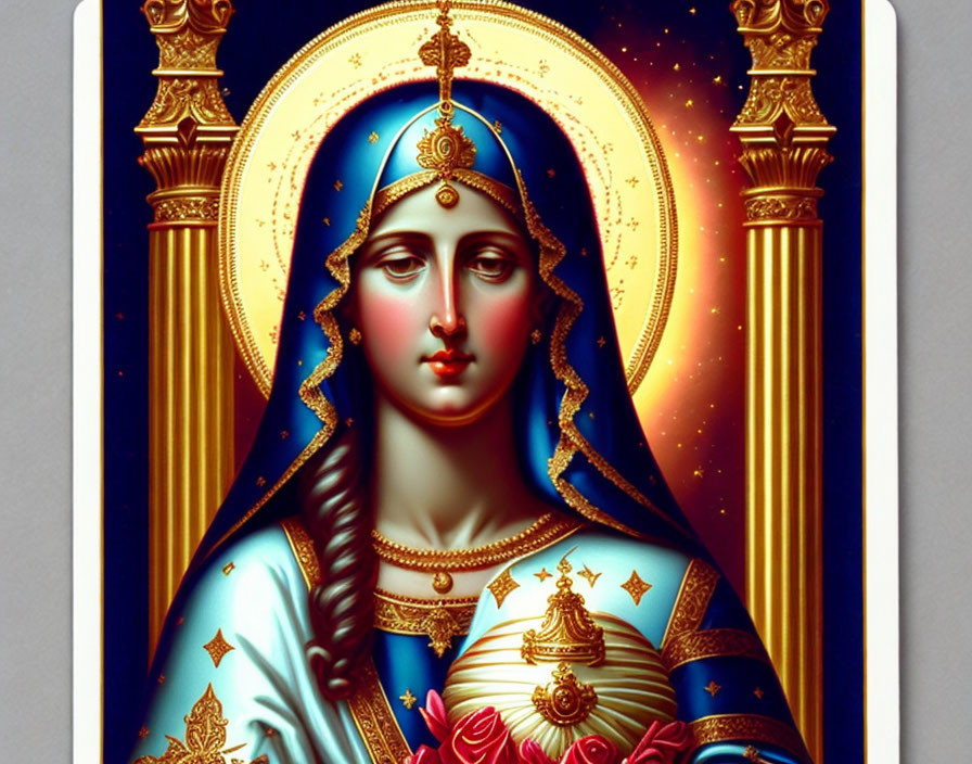 Saintly figure in blue and gold robes with halo, emanating a serene aura