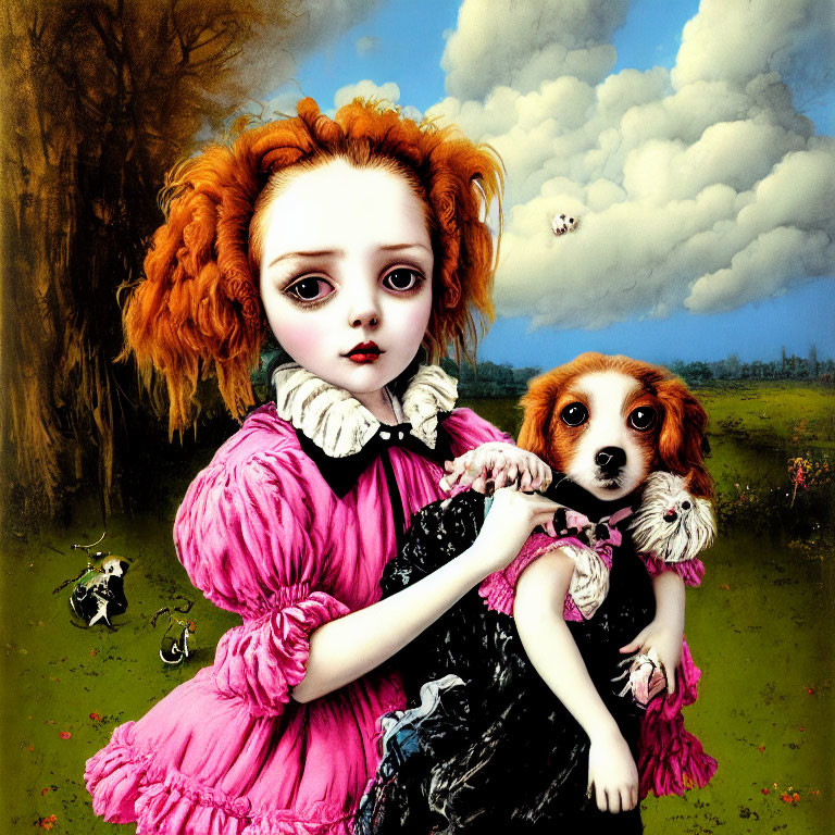 Red-haired doll-like girl with big eyes holding a spaniel puppy in surreal setting
