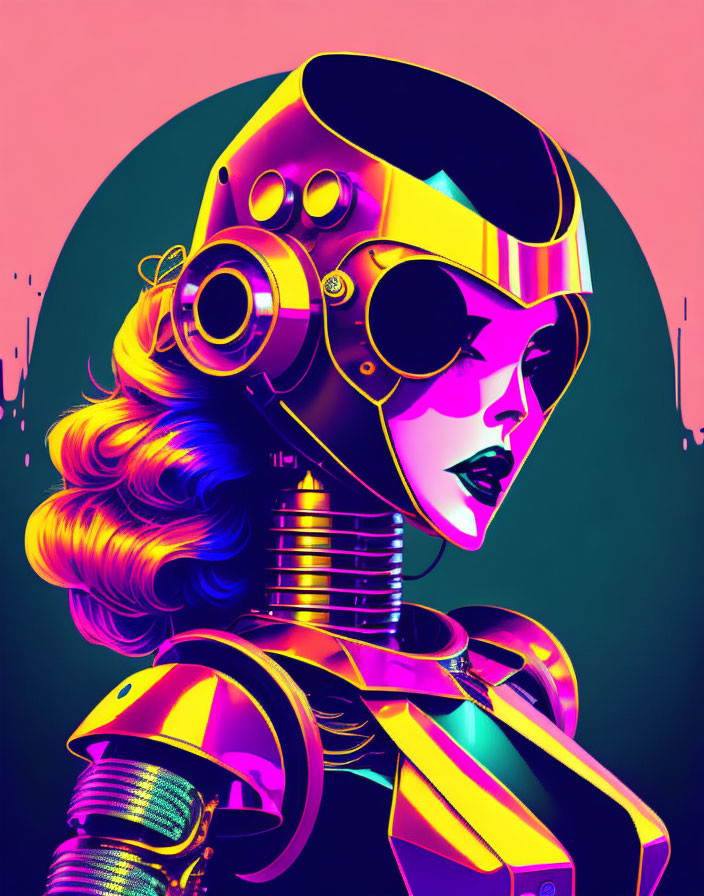 Vibrant pink and teal retro-futuristic female figure illustration