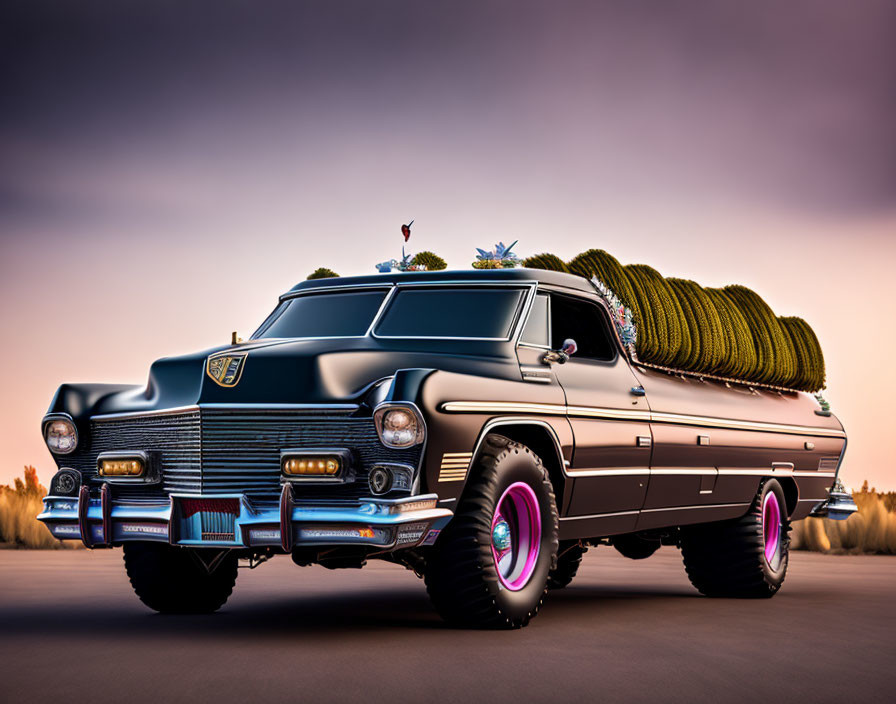 Custom Vintage Hearse with Colorful Rims and Tree on Roof