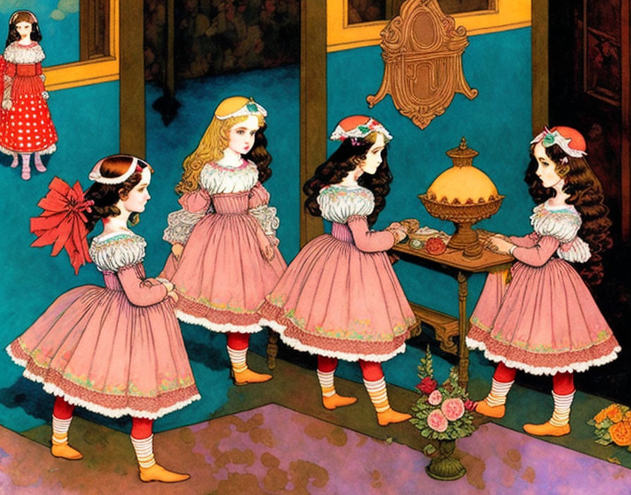 Four girls in pink dresses with white aprons admire cake in vintage room