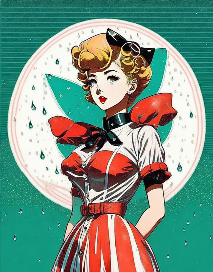 Vintage-style woman illustration with blond hair, bow, sunglasses, white/red outfit, on teal raindrop