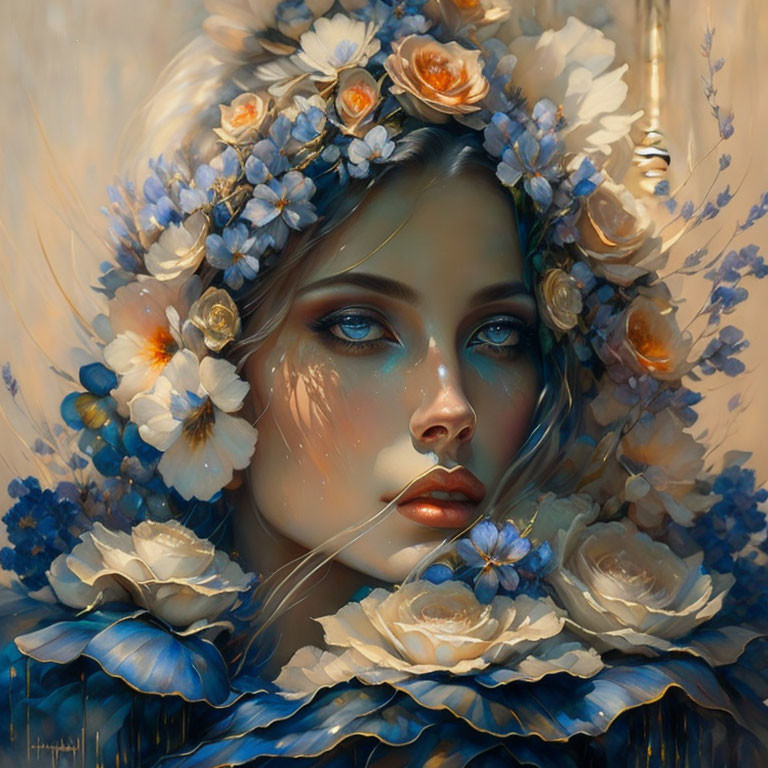 Woman portrait with blue and peach floral crown portrait in serene expression