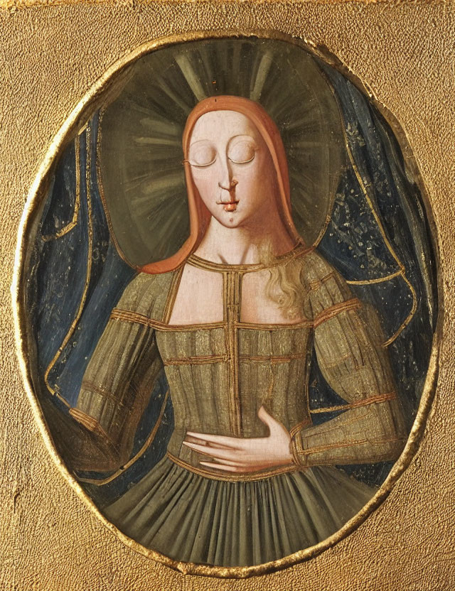 Medieval-style painting of saintly figure with halo in gold-leaf frame