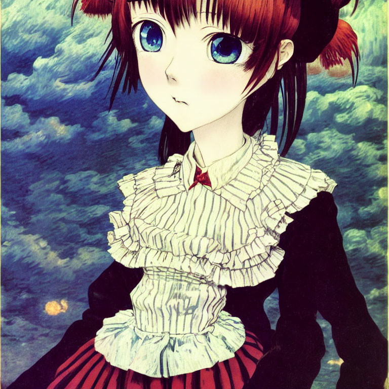 Blue-eyed anime girl in Victorian attire under cloudy sky